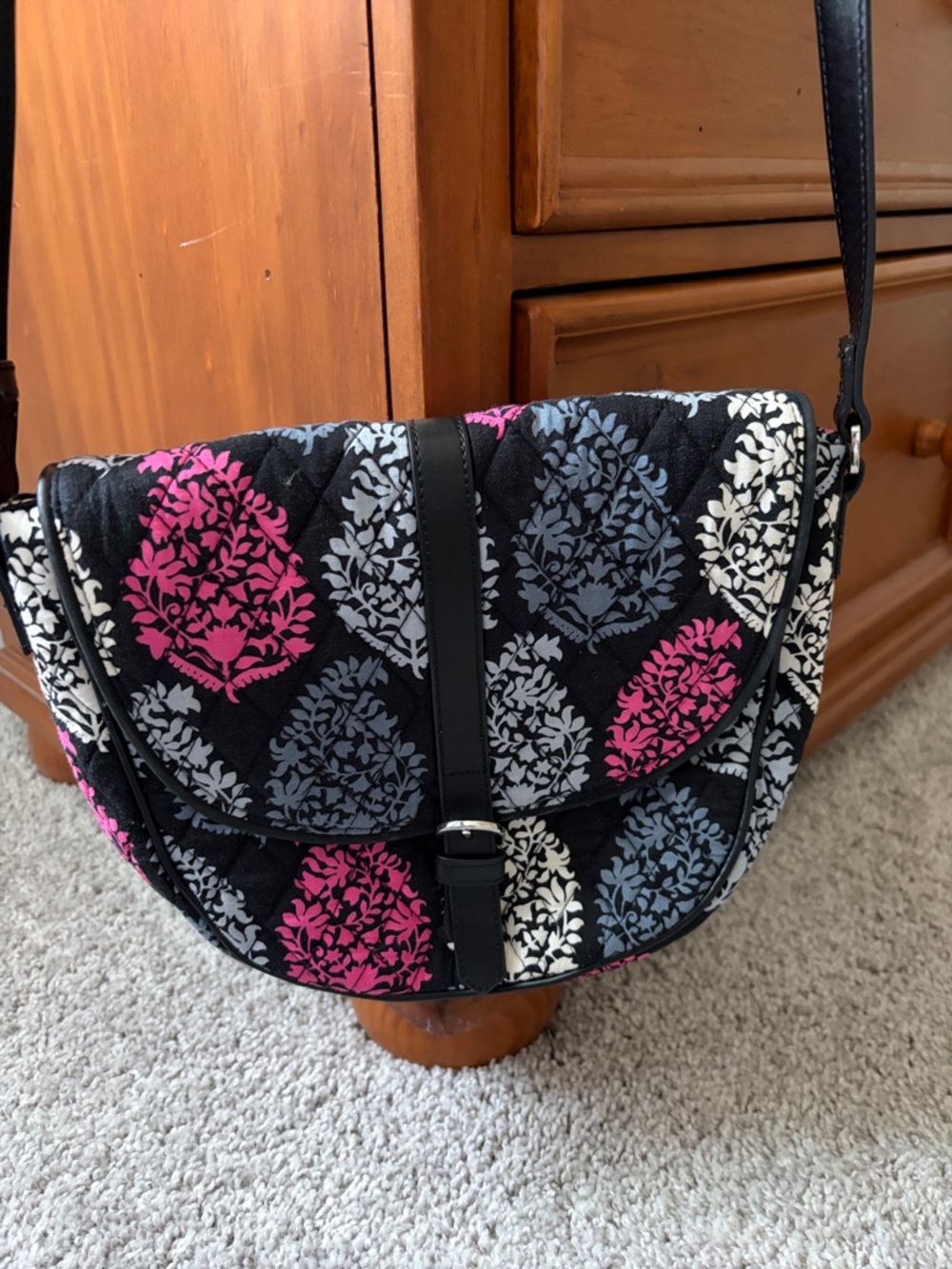 Vera Bradley Quilted Black Crossbody Bag with Pink & Gray Floral Motif